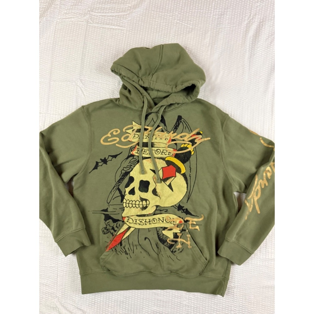 Ed Hardy Mens Olive Green Skull Dagger Graphic Hoodie EHMTJ1300-18 Medium